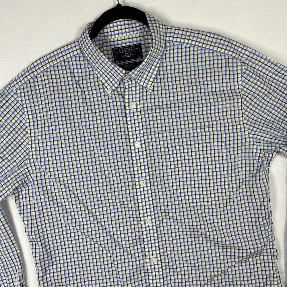 Charles Tyrwhitt Mens XL Slim Fit Button Down Shirt Blue Yellow Check Non-Iron